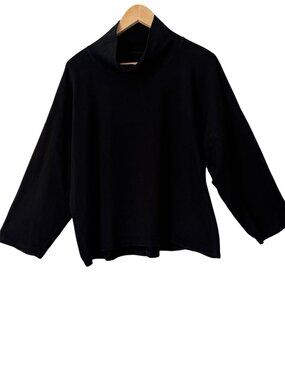 Eileen Fisher Organic Cotton Stretch Long Sleeves Funnel Neck Box-Top Black XL
